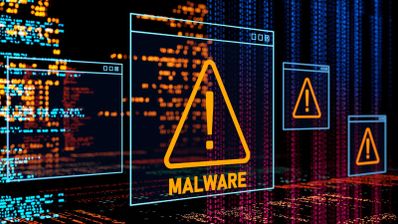 Ventanas digitales flotantes con señales de advertencia amarillas y la palabra malware sobre un fondo de líneas de código y datos binarios.