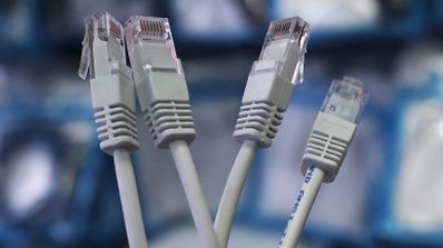 Primer plano de cuatro conectores RJ45 de cables Ethernet blancos con fondo desenfocado.