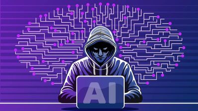 Ilustración de un hacker con capucha frente a un ordenador con las siglas AI y un fondo de circuitos cerebrales en tonos púrpuras.
