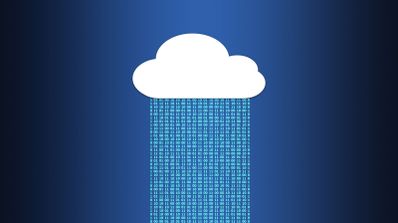 Ilustración de una nube blanca sobre fondo azul de la que cae una columna de datos en código binario.