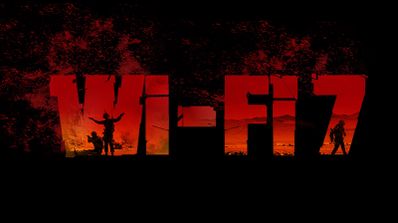 Texto Wi-Fi 7 en letras grandes de color rojo con siluetas de personas y paisajes sobre un fondo oscuro.