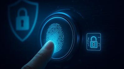 Primer plano de un dedo presionando un sensor de huella dactilar iluminado en azul sobre un fondo digital con iconos de candados y escudos de seguridad.