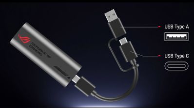 Adaptador ASUS ROG USB-C10G que es 10G a USB y compatible con Thunderbolt, soporta doble conexión para puertos USB Tipo A y Tipo C.