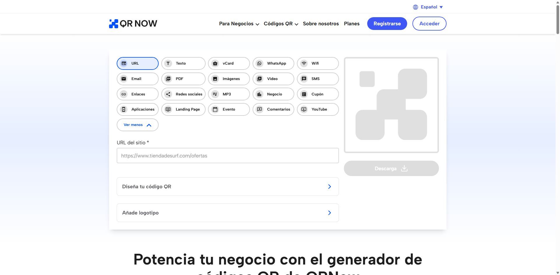 Interfaz de la plataforma QRnow con opciones para generar códigos QR a partir de URL, texto, Wi-Fi o redes sociales.