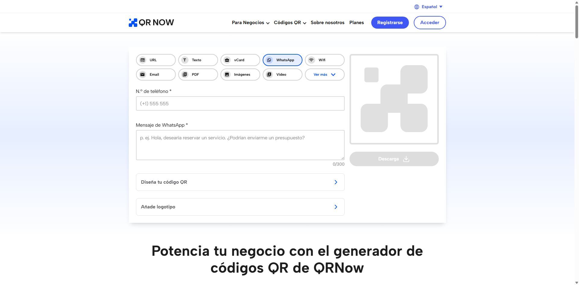 Interfaz del generador de códigos QRnow configurada para crear un acceso directo a mensajes de WhatsApp.