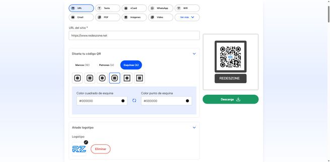 Panel de configuración de QRnow con opciones de color para esquinas y descarga del código.