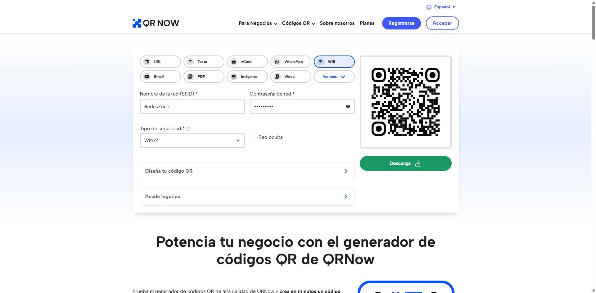 Interfaz web de QRnow con el formulario para generar un código QR de red WiFi.