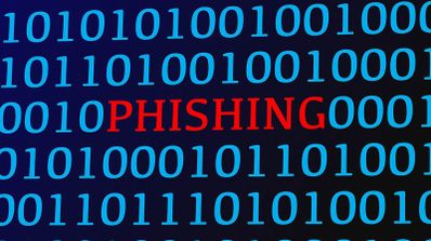La palabra Phishing escrita en rojo sobre un fondo de secuencias de código binario en color azul.