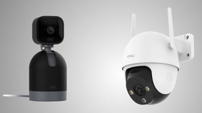 Dos cámaras de seguridad inteligentes para interiores y exteriores sobre fondo neutro.