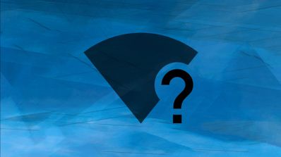 Icono de señal Wi-Fi con un signo de interrogación sobre un fondo abstracto azul.