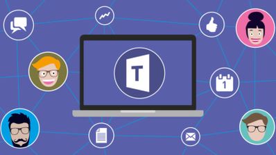 Ilustración de un ordenador portátil con el logotipo de Microsoft Teams rodeado de iconos de chat, calendario, correo y perfiles de usuarios.