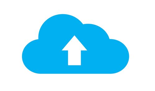 Icono de una nube azul con una flecha blanca apuntando hacia arriba sobre un fondo blanco.