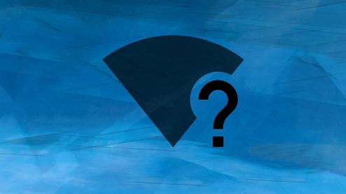 Icono de señal Wi-Fi de color negro con un signo de interrogación integrado sobre un fondo azul con texturas geométricas.