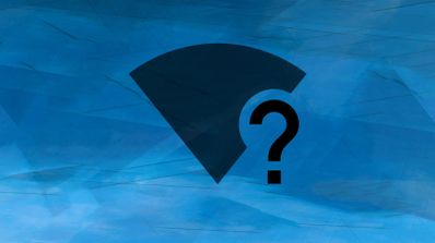 Icono de señal Wi-Fi de color negro con un signo de interrogación integrado sobre un fondo azul con texturas geométricas.
