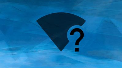 Icono de señal Wi-Fi de color negro con un signo de interrogación integrado sobre un fondo azul con texturas geométricas.