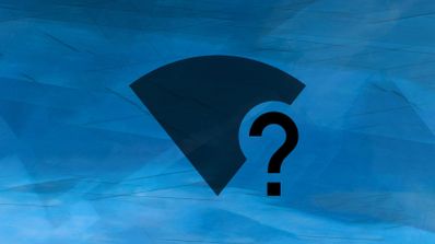 Icono de señal Wi-Fi de color oscuro con un signo de interrogación integrado sobre un fondo azul abstracto.
