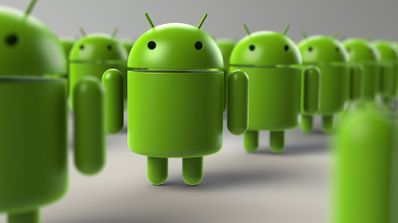 Varias figuras tridimensionales del robot verde de Android alineadas en filas.