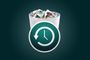 Icono de un reloj con una flecha circular de retorno sobre una papelera de reciclaje llena de archivos.
