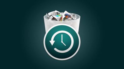 Icono de un reloj con una flecha circular de retorno sobre una papelera de reciclaje llena de archivos.
