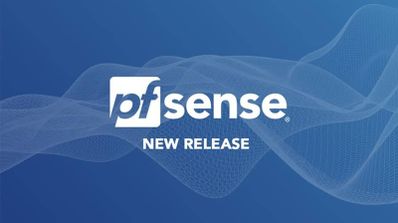 Logotipo de pfSense sobre un fondo azul con ondas digitales y el texto New Release.