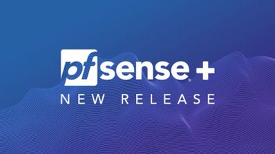 Logotipo de pfSense Plus sobre fondo azul y morado con el texto New Release.