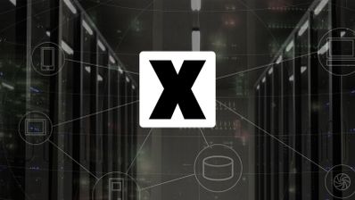 Logo oficial del servidor DNS XDP.es sobre fondo con pasillo de centro de datos con servidores y red de iconos tecnológicos.