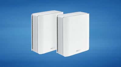 Dos nodos de un sistema Wi-Fi Mesh de color blanco sobre un fondo azul degradado.
