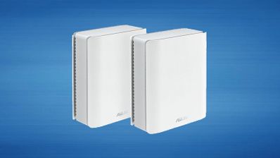 Dos nodos de un sistema Wi-Fi Mesh de color blanco sobre un fondo azul degradado.