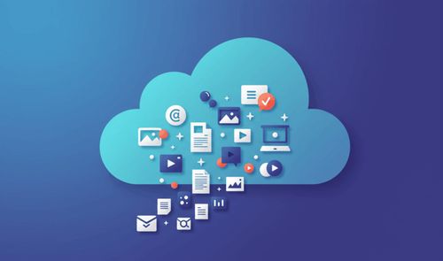 Ilustración de una nube azul con diversos iconos de archivos que entran y salen de ella sobre un fondo oscuro.