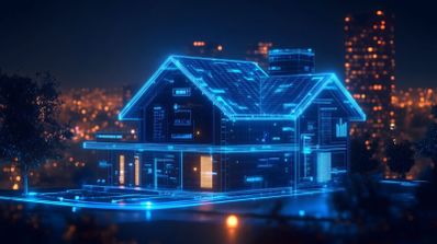 Representación digital de una vivienda unifamiliar con líneas de circuitos brillantes en color azul sobre un fondo urbano nocturno.