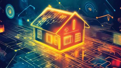 Ilustración digital de una casa formada por líneas de circuitos integrados sobre un fondo tecnológico con señales Wi-Fi.