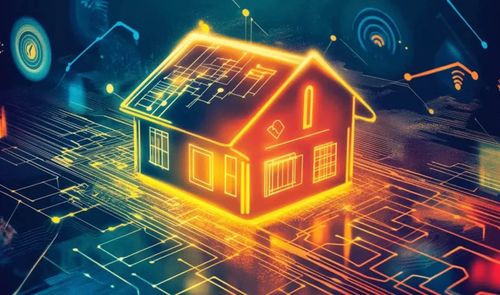 Ilustración digital de una casa formada por líneas de circuitos integrados sobre un fondo tecnológico con señales Wi-Fi.