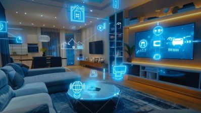 Representación gráfica de un salón con iconos digitales flotantes que simbolizan la interconexión de dispositivos en una vivienda inteligente.