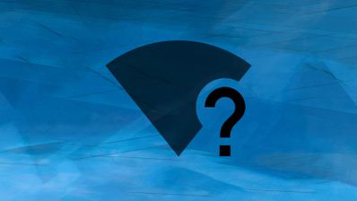 Icono de señal Wi-Fi de color negro con un signo de interrogación superpuesto sobre un fondo abstracto azul.