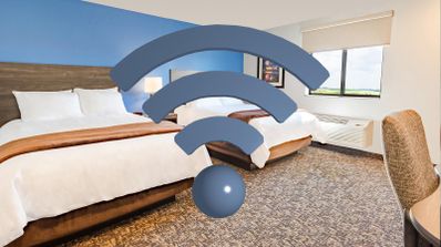 Icono de señal inalámbrica sobrepuesto en una habitación de hotel con dos camas.
