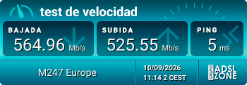Resultados de un test de velocidad con 564 Mb/s de bajada y 525 Mb/s de subida.