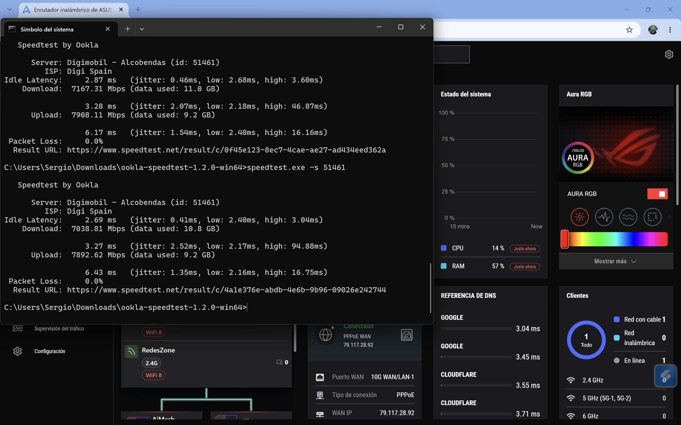 Interfaz de configuración de un router ASUS ROG y ventana de terminal ejecutando pruebas de velocidad Speedtest sobre protocolo PPPoE.