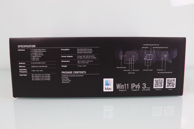 Listado de especificaciones técnicas y esquema de puertos en el lateral de la caja del ASUS GT-BN98.