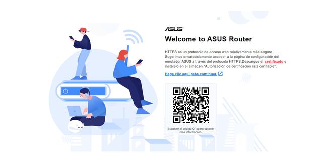 Interfaz de bienvenida del asistente de configuración de ASUS Router con código QR y recomendaciones de seguridad HTTPS.
