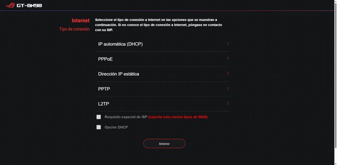 Menú de selección de protocolo de internet en el asistente de configuración del router ASUS GT-BN98.