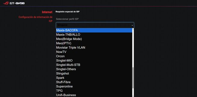 Lista desplegable en la interfaz de ASUS GT-BN98 para seleccionar perfiles de proveedores de internet específicos.