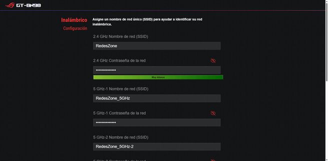 Formulario de configuración inalámbrica del router ASUS GT-BN98 para personalizar el nombre y contraseña de las bandas WiFi.