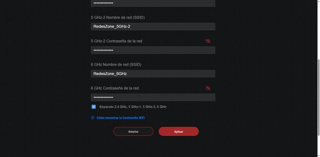 Ajustes de SSID y contraseña para las bandas de 5GHz-2 y 6GHz en el menú del ASUS GT-BN98.