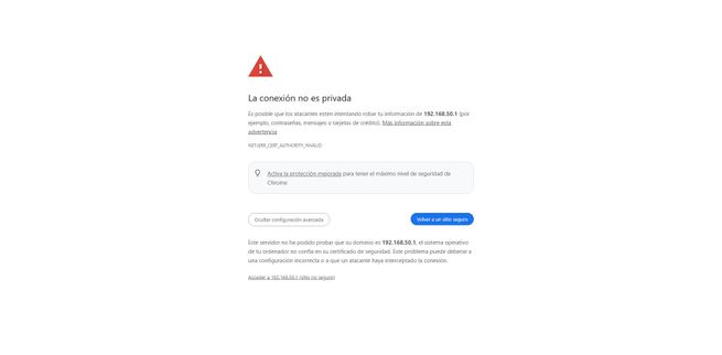 Aviso de advertencia de seguridad en el navegador sobre conexión no privada al intentar acceder a la IP del router ASUS GT-BN98.