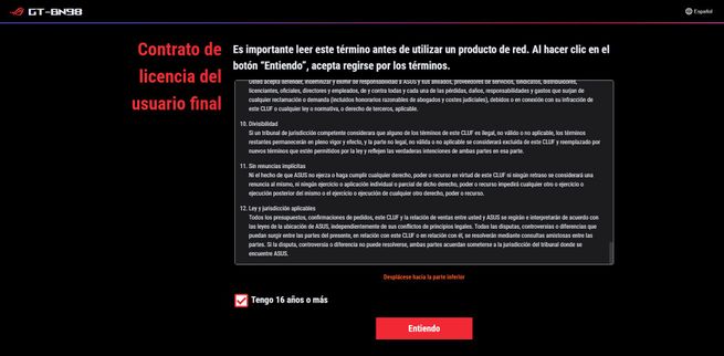 Pantalla del contrato de licencia del usuario final en el asistente de configuración del router ASUS GT-BN98.
