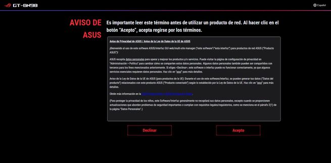 Sección de aviso de privacidad de ASUS durante la configuración inicial del router GT-BN98.