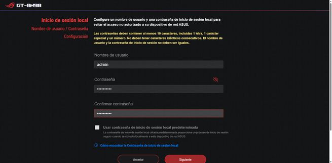 Formulario de inicio de sesión local en el asistente de configuración del router ASUS GT-BN98.