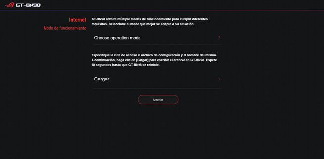 Menú de selección de modo de funcionamiento y carga de configuración en el router ASUS GT-BN98.