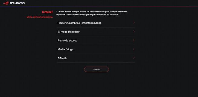 Listado de modos de funcionamiento disponibles en la interfaz del ASUS GT-BN98: Router, Repetidor, Punto de acceso, Media Bridge y AiMesh.