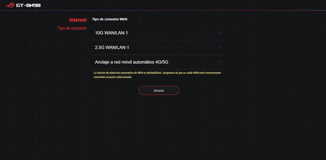 Interfaz de configuración del router ASUS GT-BN98 mostrando la selección del tipo de conexión WAN entre 10G, 2.5G o red móvil.